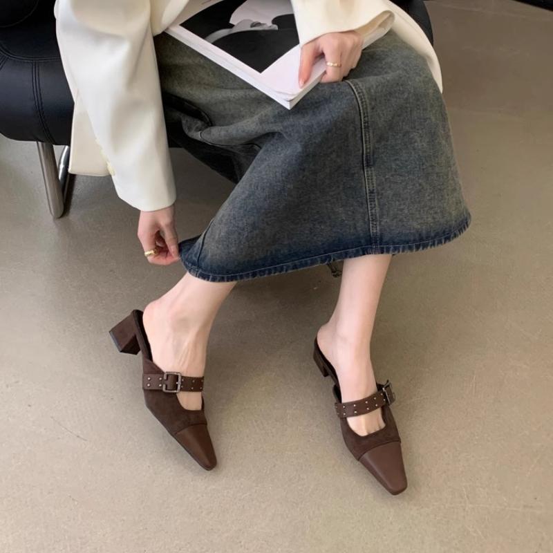 Low Shoes Cover Toe Woman's Slippers Square Heel Slides Med 2025 Block PU Fabric Rome Hoof Heels Rubber Shoes Low Cover Toe Squa