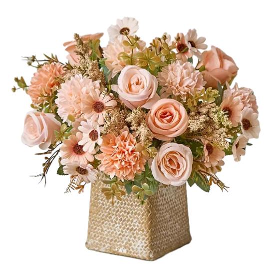 Artificial Rose Flower Bouquet Realistic Mixed Faux Rose Dahlia Chrysanthemum Ball Flower for Wedding Bridal Bouquets Table Centerpieces Baby Shower