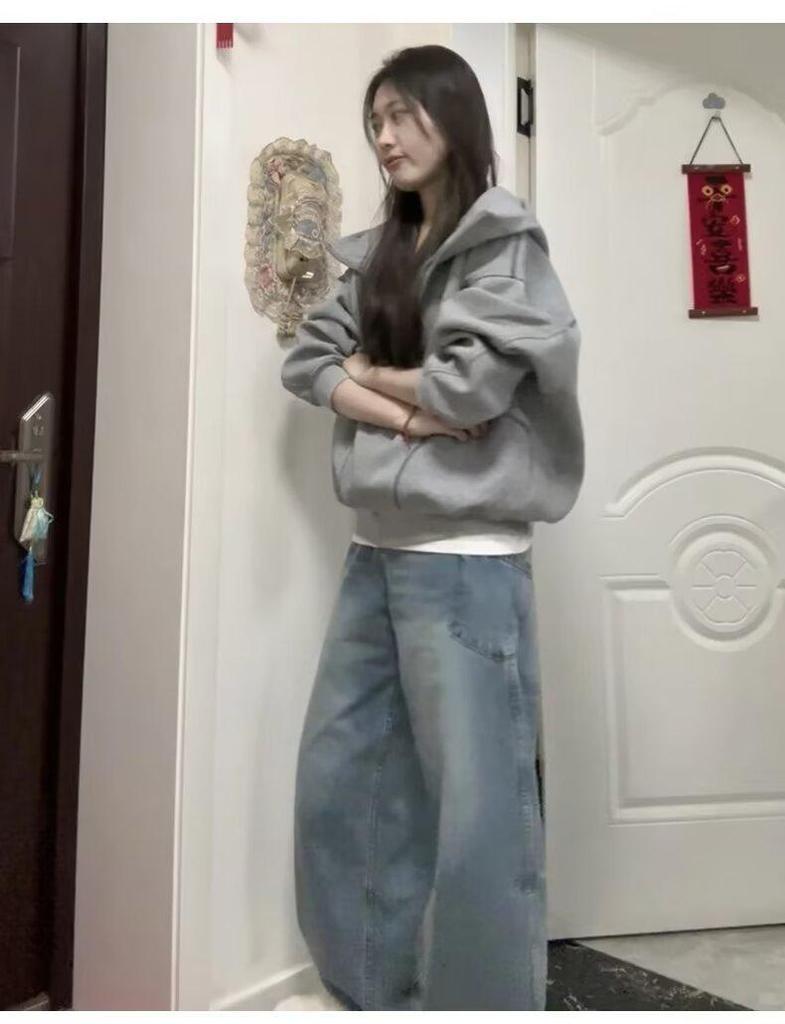 Women's Petite Gray Sweatshirt Jacket - 2025 Korean Style Autumn Winter Versatile Commuting Outfit