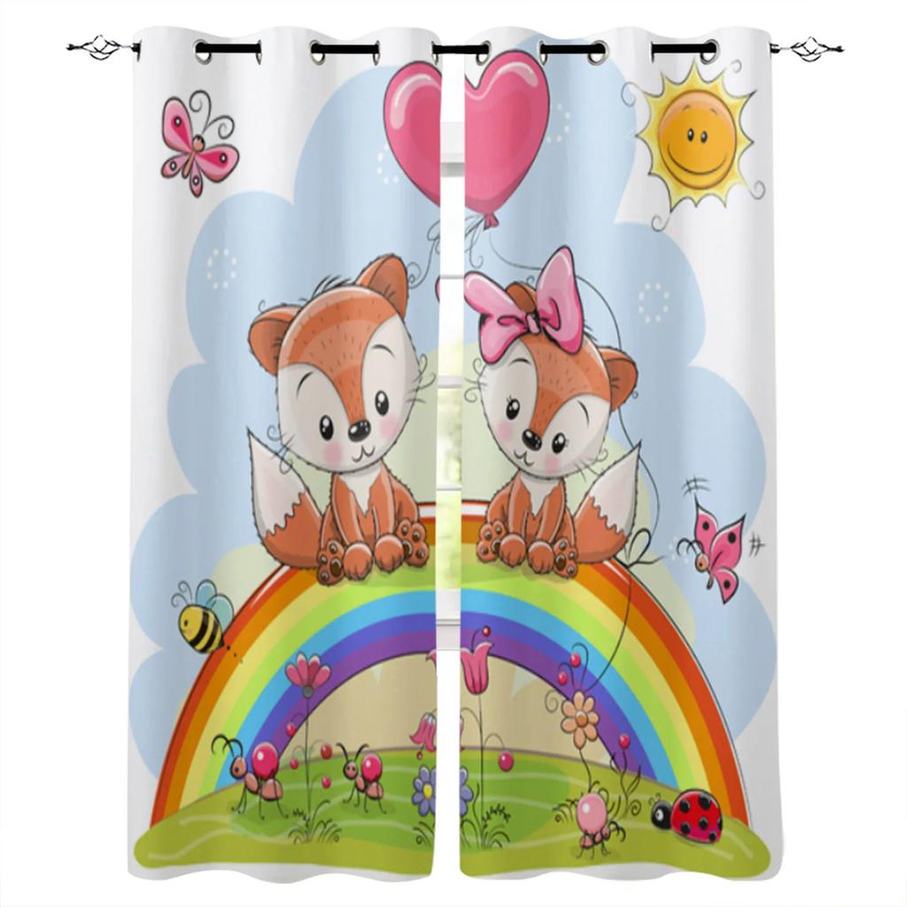 Cartoon Forest Animal Tree Fox Bear Rabbit Child Window Curtains Curtains for Living Room Decorative Items Living Room 2Panels