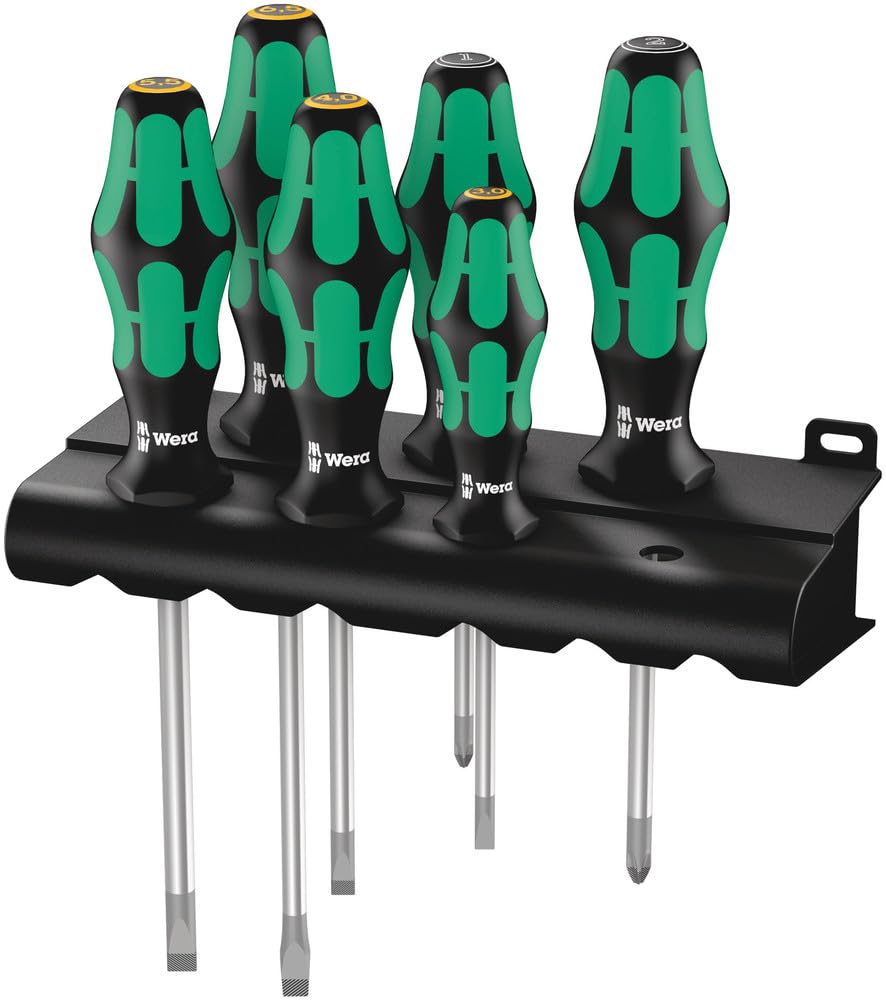 WERA Kraftform Plus Handle Flathead Pozidriv Screwdriver Set with 105656 6-Piece Rack,