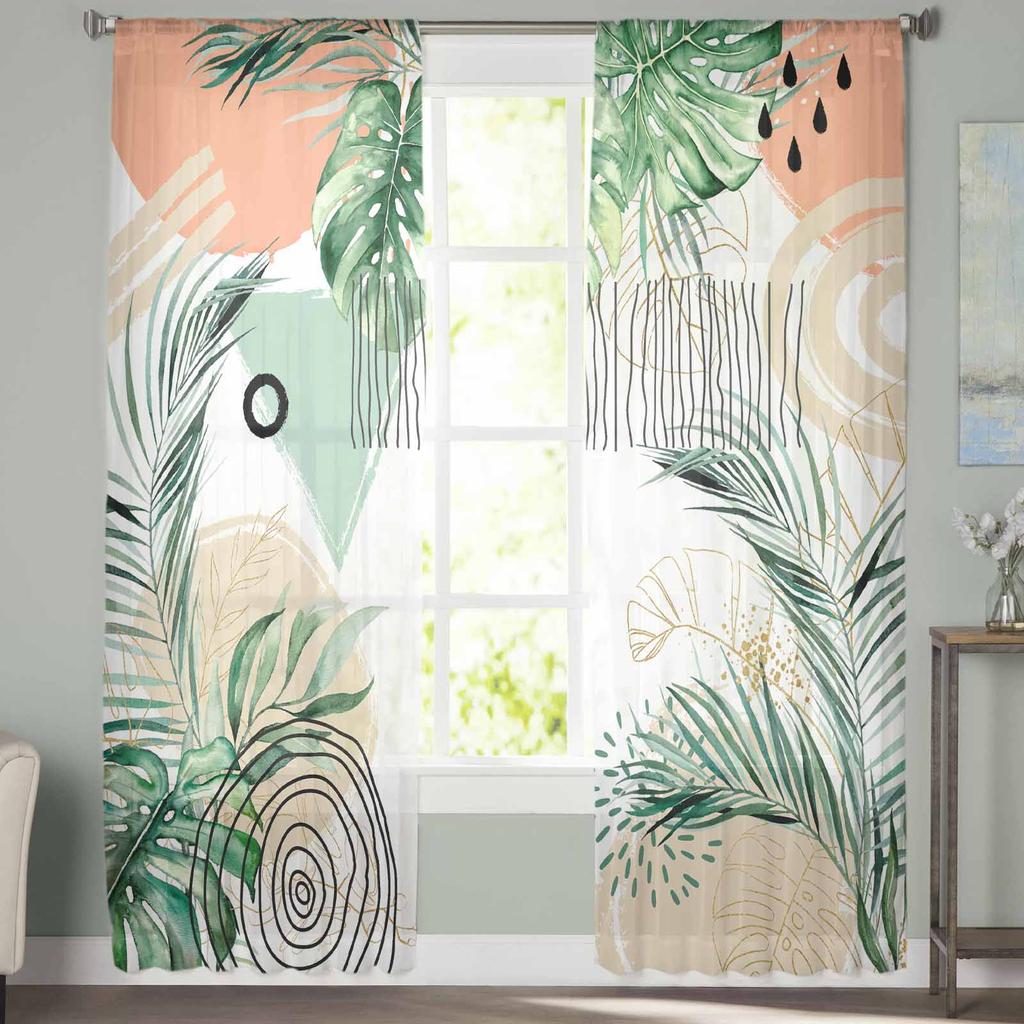 Summer Tropical Palm Leaf Watercolor Voile Sheer Curtains Living Room Window Tulle Curtain Kitchen Bedroom Drapes Home Decor