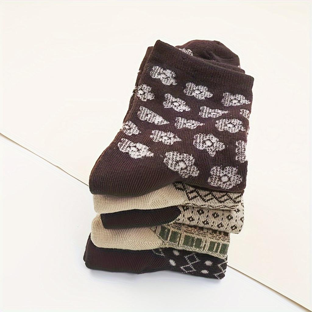 5 Pairs Women's Japanese Retro Checkered & Floral Print Mid-Calf Socks - Assorted Patterns, Soft Breathable FabricCute Socks, Comfortable Wear