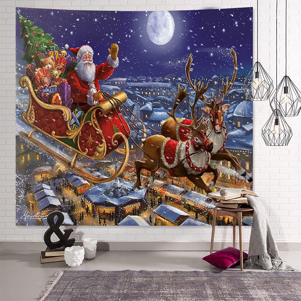 New Boss Christmas Santa Claus Fireplace Christmas Tree Tapestry Wall Hanging, Background Cloth Wall Decoration for Living Room,