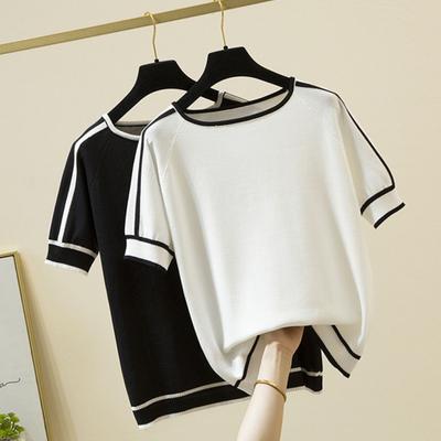 Letní topy s krátkým rukávem Ležérní tenké pletené tričko Elegantní dámské oblečení Pruhované módní tričko Femme