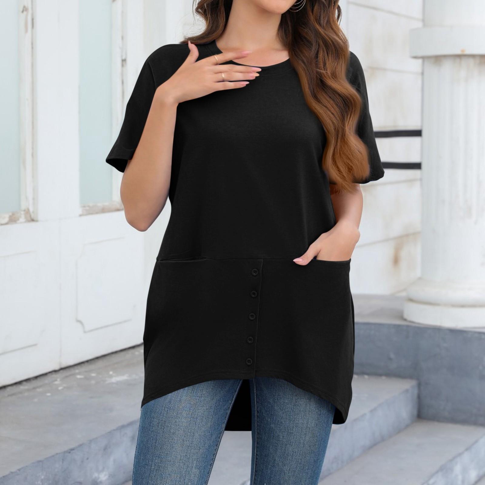 

Женская повседневная однотонная свободная футболка с круглым вырезом и короткими рукавами большого размера с карманами L чёрный