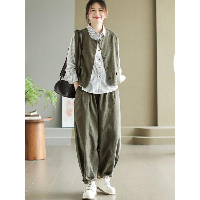 

Daile Original Autumn New Arrival Hemp Cotton Suit Female Retro Pure Color Sleeveless round Neck Vest Female Baggy Harem Trousers Green Suit One size