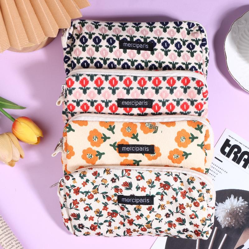 Vintage Corduroy Federmäppchen Retro Blumenmuster Federtasche Große Kapazität Schreibwaren Tasche Für Schüler Büro Make-up Aufbewahrung