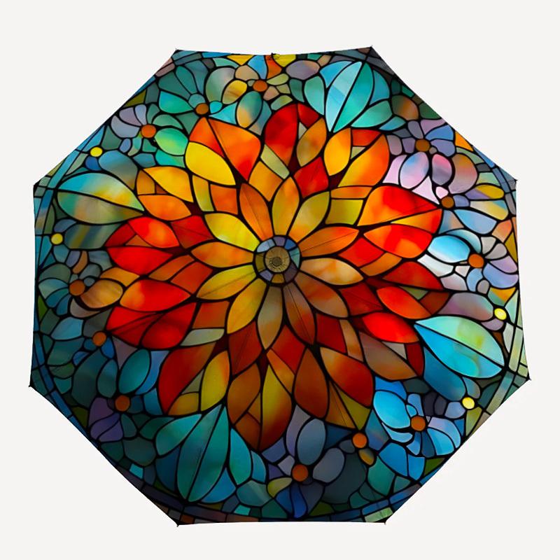

1pc Stained Glass Mandala Automatic Umbrella - 8-Rib Durable Frame, Portable Fashion Accessory & Holiday Gift yy251117129