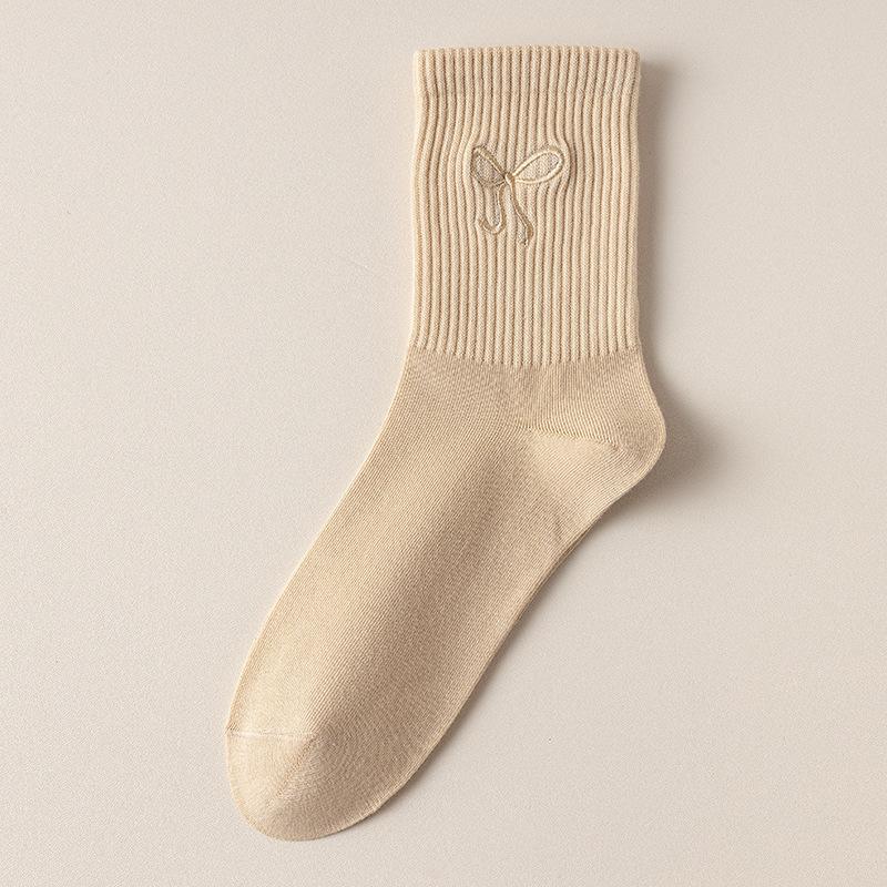 

Однотонные универсальные носки до середины икры, простые длинные носки для осени и зимы, милые хлопковые носки с бантом, женские носки для весны и осени 1 pair хаки