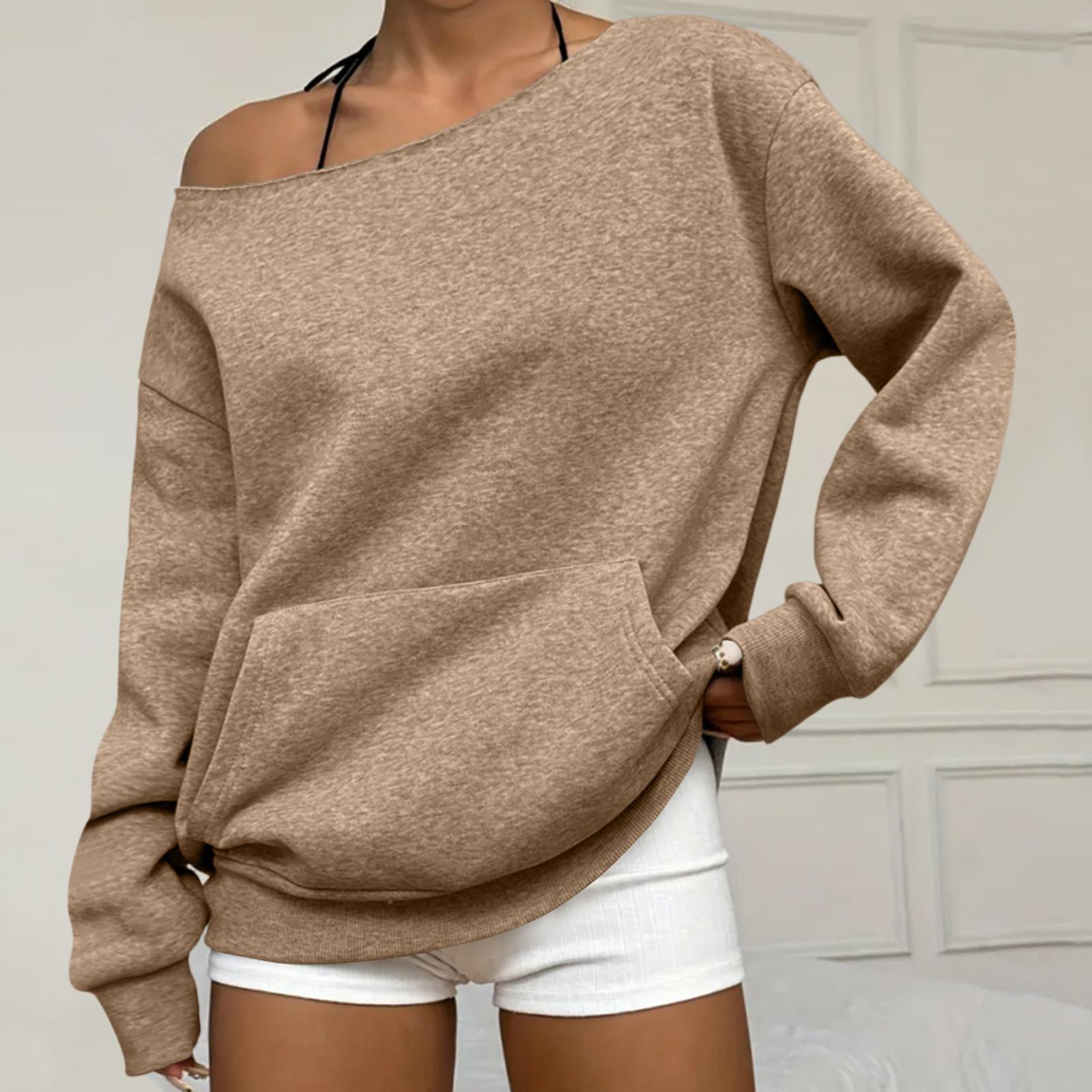 Women s Casual Fashion Color Off-shoulder Long-sleeved Loose Sweatshirt With Pockets L