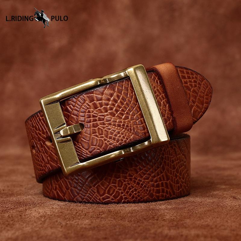Retro Printed Genuine Leather Cowhide Copper Buckle Belt Trendy All-match Casual Jeans Belt