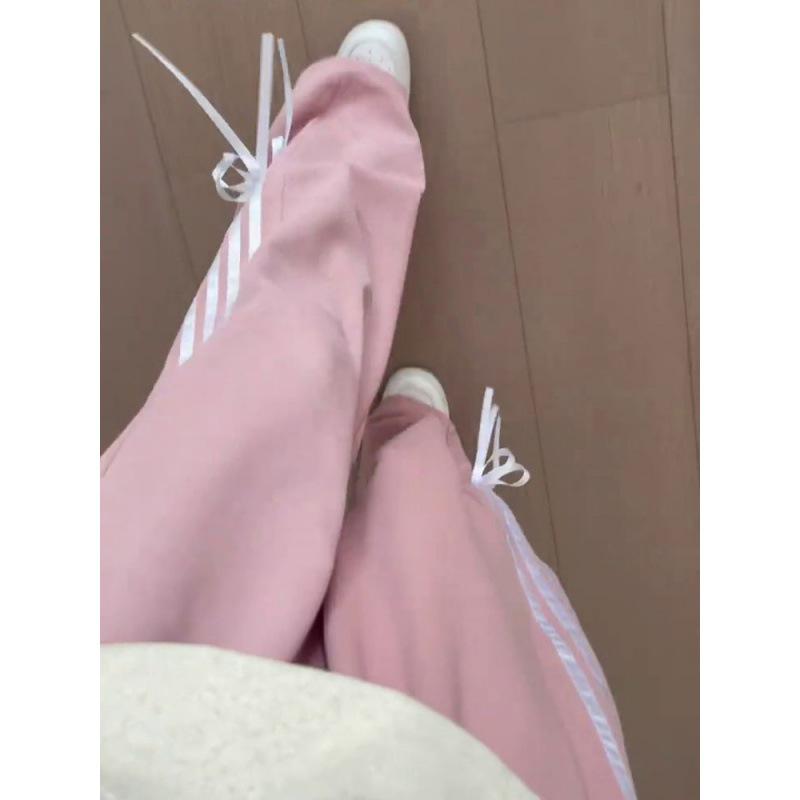 2024 Women's Pink Bow Elastic Waist Wide-Leg Sweatpants - Autumn/Winter, Loose Fit & Sporty Casual