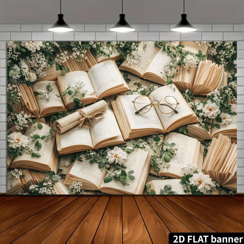 

2D Vintage Open Book & Floral Wall Tapestry, Aesthetic Reading Nook Backdrop for Home Decor 47.2x31.5inch/120*80cm