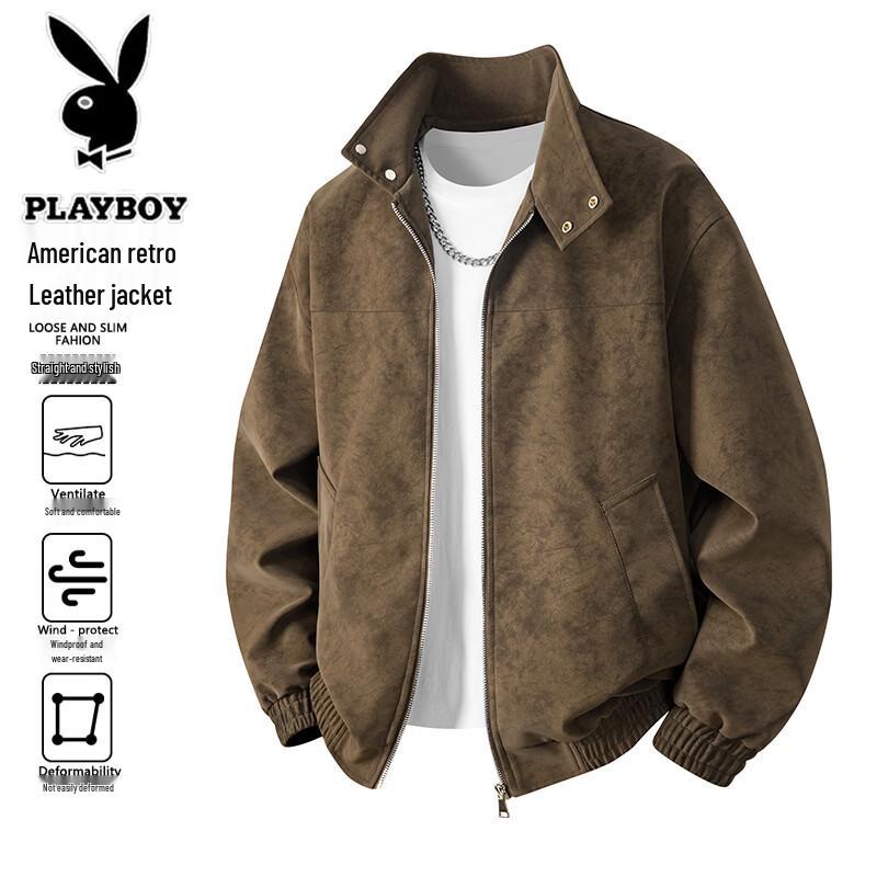 PLAYBOY Men's American Vintage Stand Collar Faux Leather Jacket