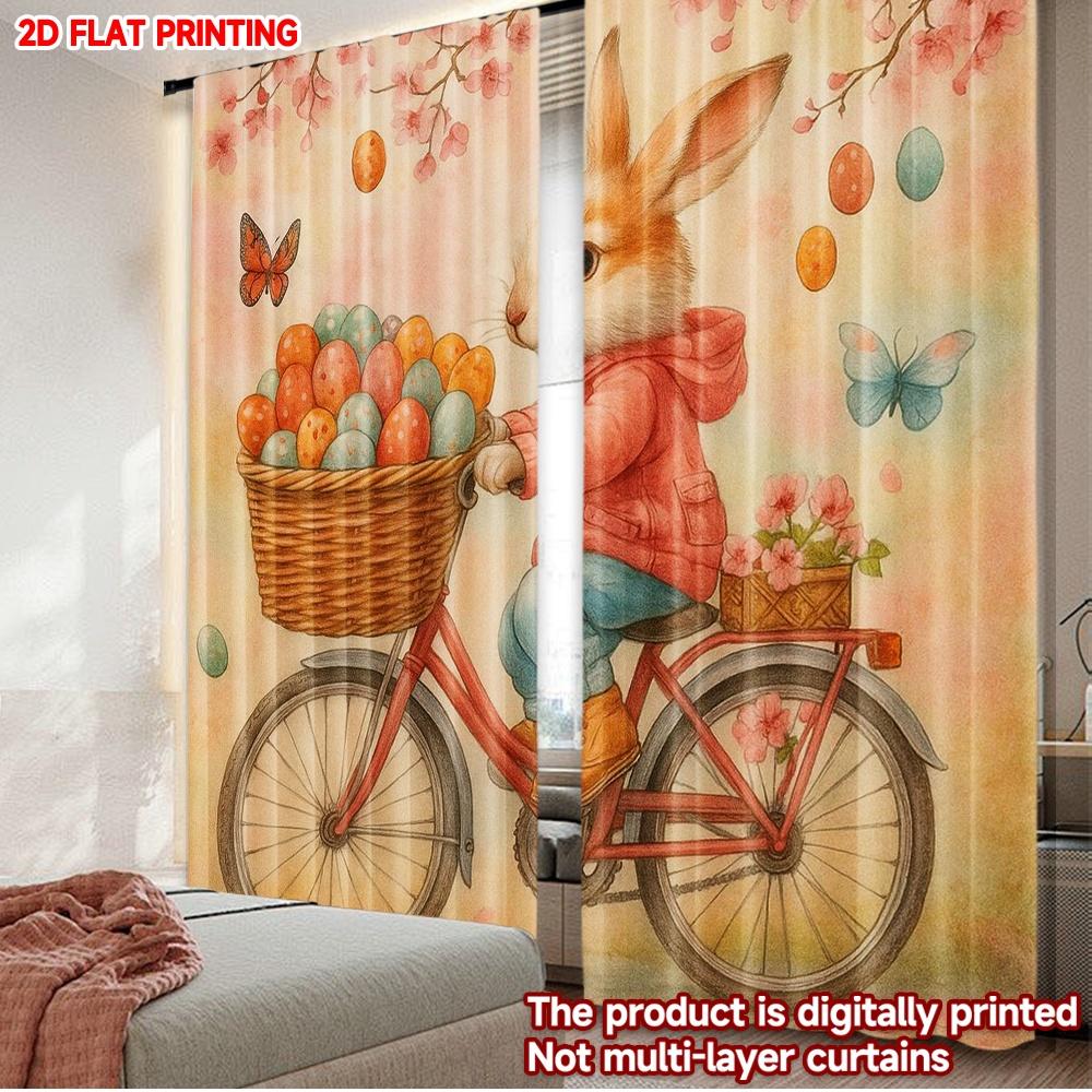 

Set Of 2 Bunny Bicycle Curtains Easter Rabbit Colorful Eggs Spring Theme Design Kids Room Living Made Polyester Sitting Window Treatment W100*H70(CM)-Hooks&2PCS