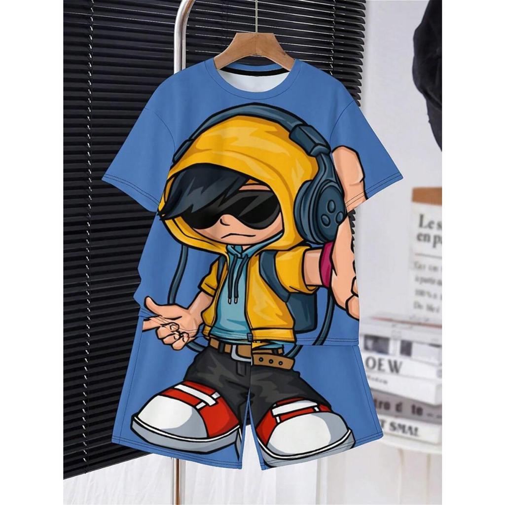 Boys' Set of Fashionable 3D Printed Casual Pullover, Short Sleeved Shorts, T Sports Shirt, Boys' Outdoor T-shirt Shorts