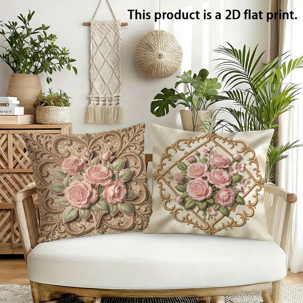 1/4pcs Floral-Patterned Decorative Cushion Covers Sofa Bed Cushion Cover Home Bedroom Decoration, 2D Flat Printing