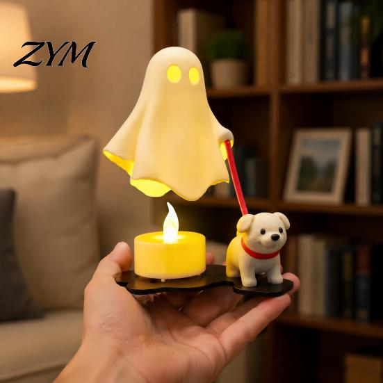 3D Printed Home Decor Halloween Ghost Walking Dog Figurine, Cute Spooky Statue with Modern Bedroom Shelf LED Candle, Tabletop Ornament for Holiday