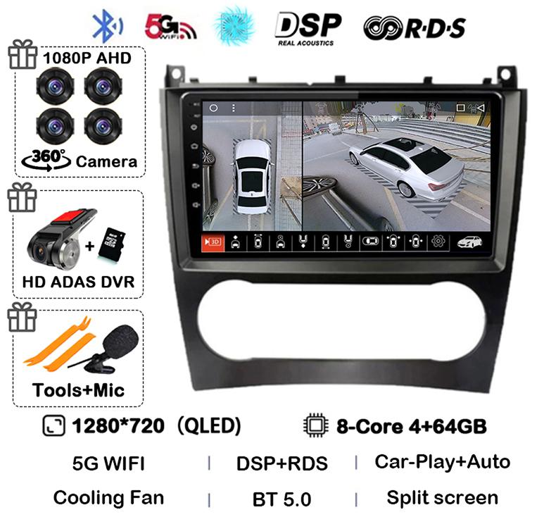 Android 14 Carplay Auto Car Radio For Benz W203 W209 C180 C200 C220 C230 Video Multimediale Player Auto Autoradio GPS 360 Camera