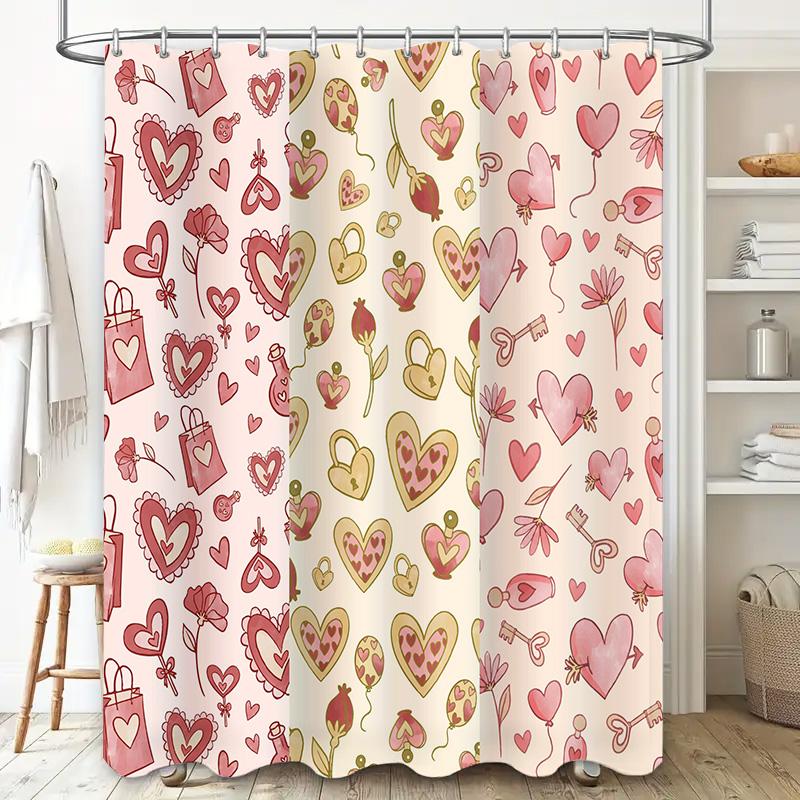 Love-themed shower curtain with heart designs waterproof fabric bathroom decor for couples gift ideas in pink and gold colors