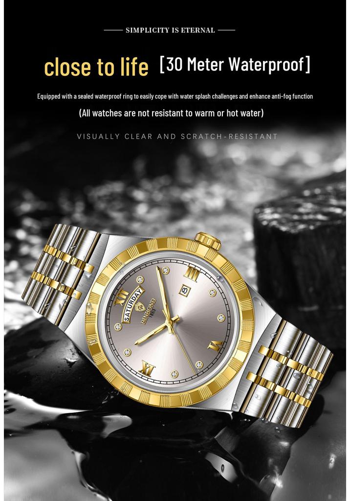 BINBOND Luxury Ultra-Thin Men's Quartz Watch, Rhinestones, Waterproof, Luminous Double Calendar Wristwatch.