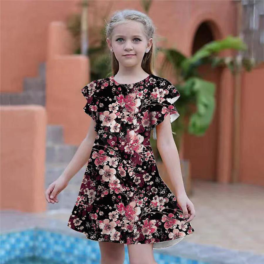 Dívky Obrazovka plná květin Šaty s potiskem Dětské Dívčí společenské šaty Volný střih Volný střih sukně s krátkým rukávem pro dívky starší čtyř let