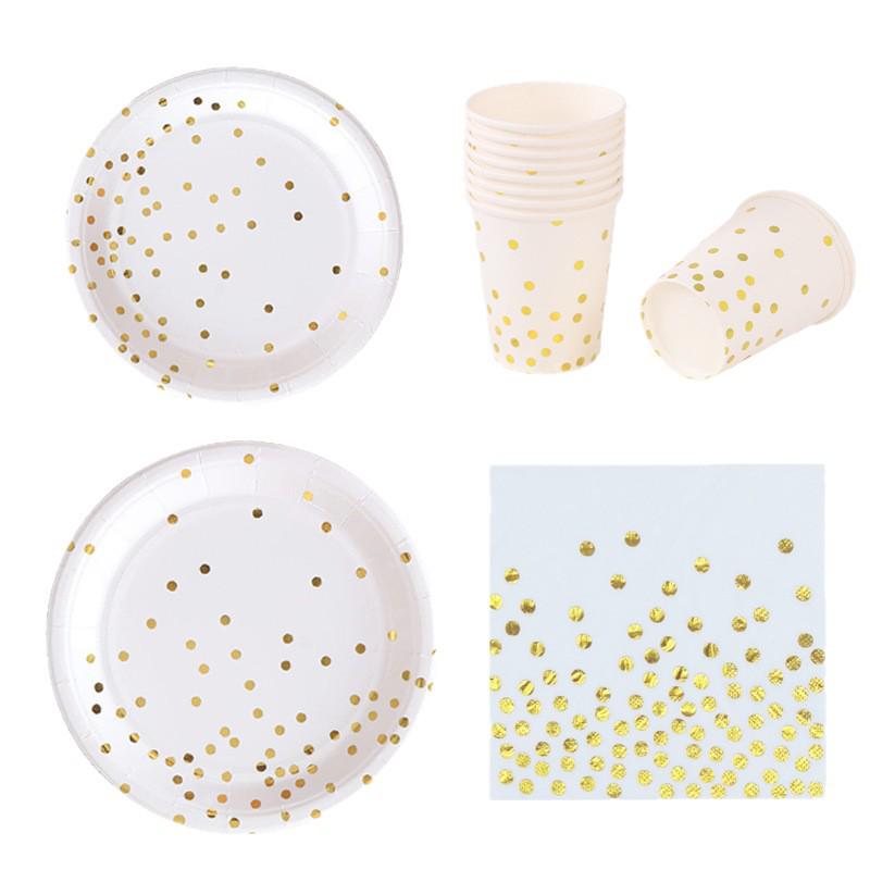Polka Dot Birthday Party Disposable Tableware Set: Plates, Cups, Tablecloth, Banners