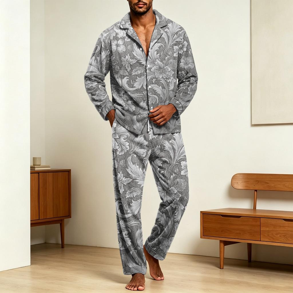 Men's Corduroy Pajama Set - Printed Button Collar Long Sleeve Loose Fit Casual Sleepwear
