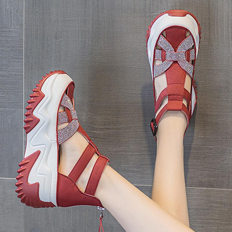Mode GKTINOO Hollow Sandalen Strasssteine Mode Echtes Leder Damen Klobige Sneaker Damen Sommer Höhenvergrößernde Damenschuhe