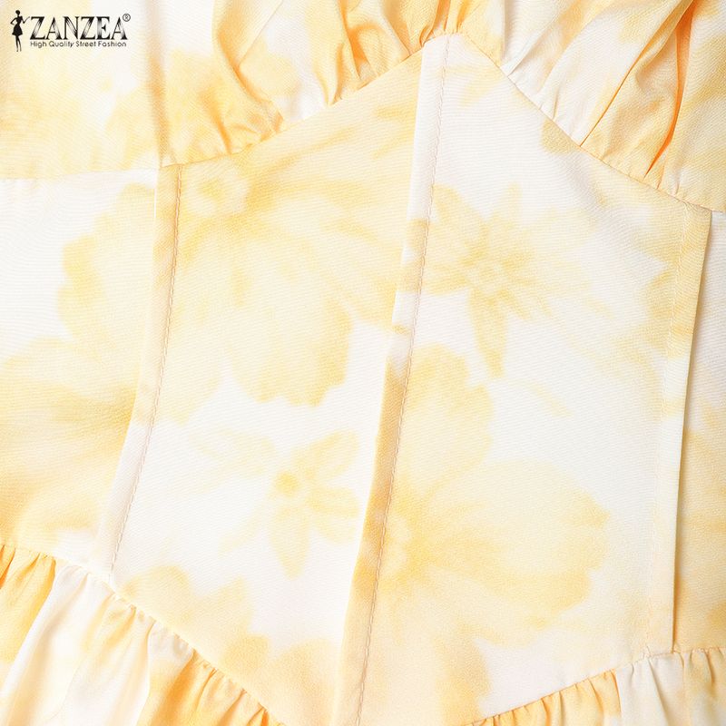 ZANZEA Women Elegant Square Collar Casual Short Sleeve Print Long Dress