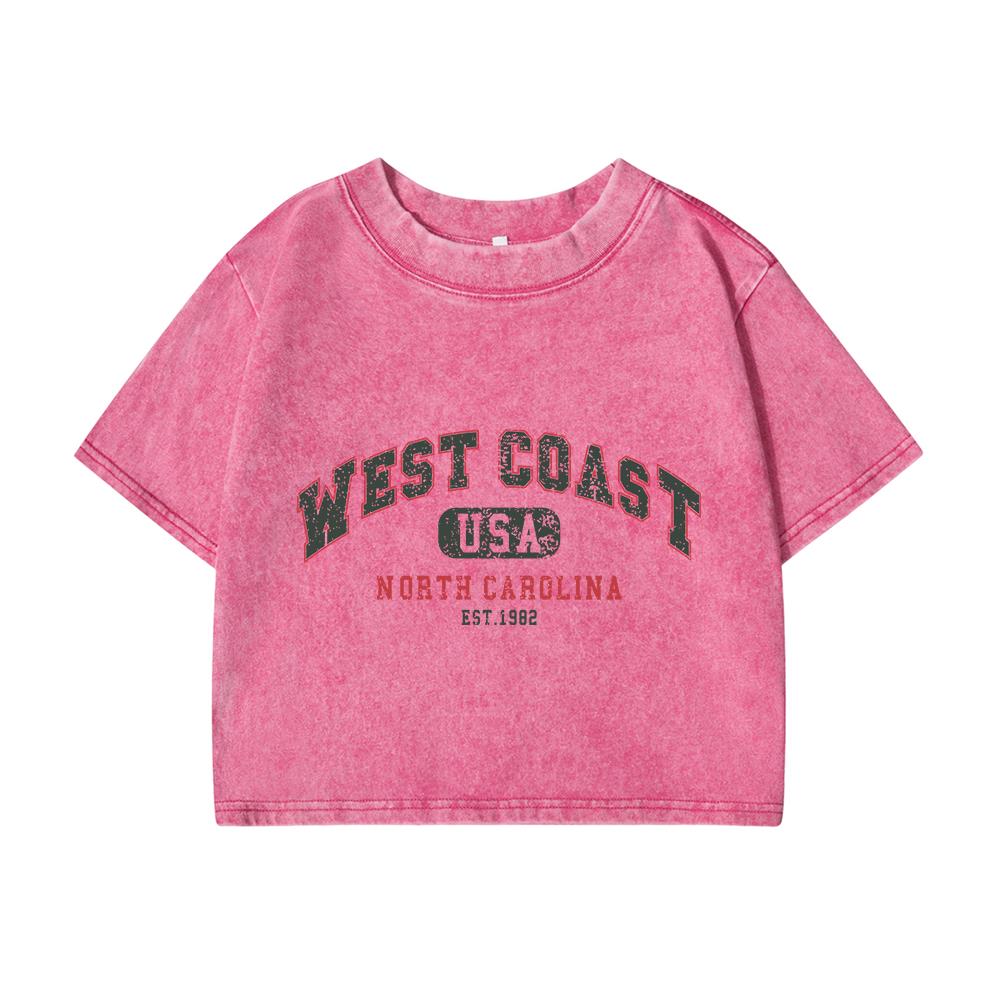 Womans Cotton Crop Distressed Washed T-Shirts West Coast Usa North Carolina Prints Short Sleeve Street Clothes