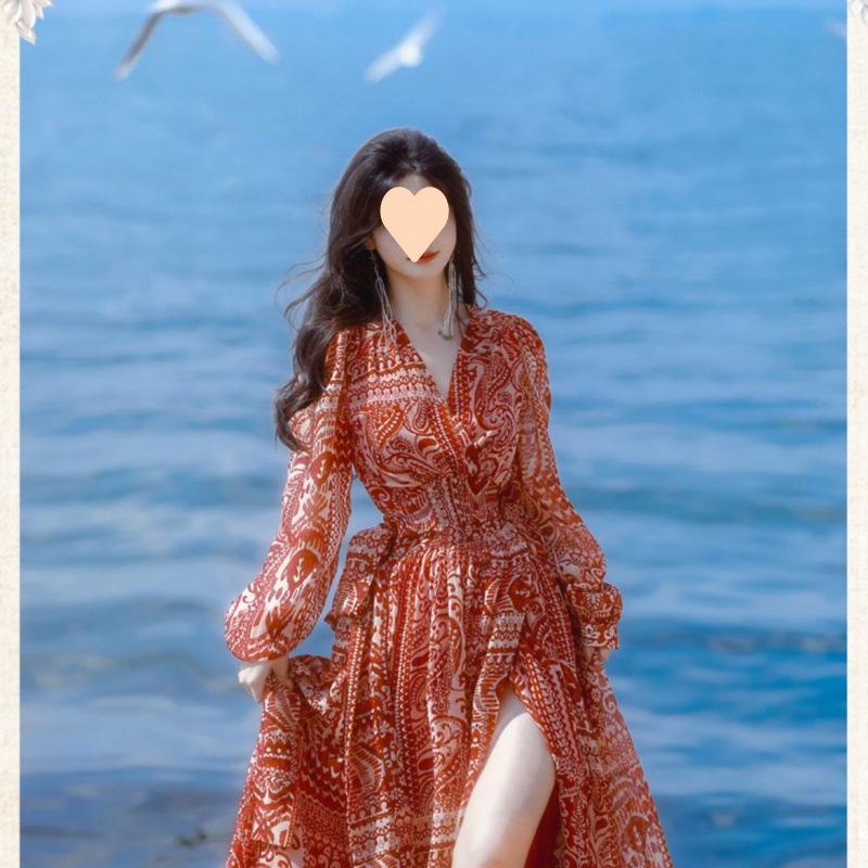 

Bohemian Summer One-Piece Long Skirt Beach Dress for Women - 2025 Resort Style Small красный