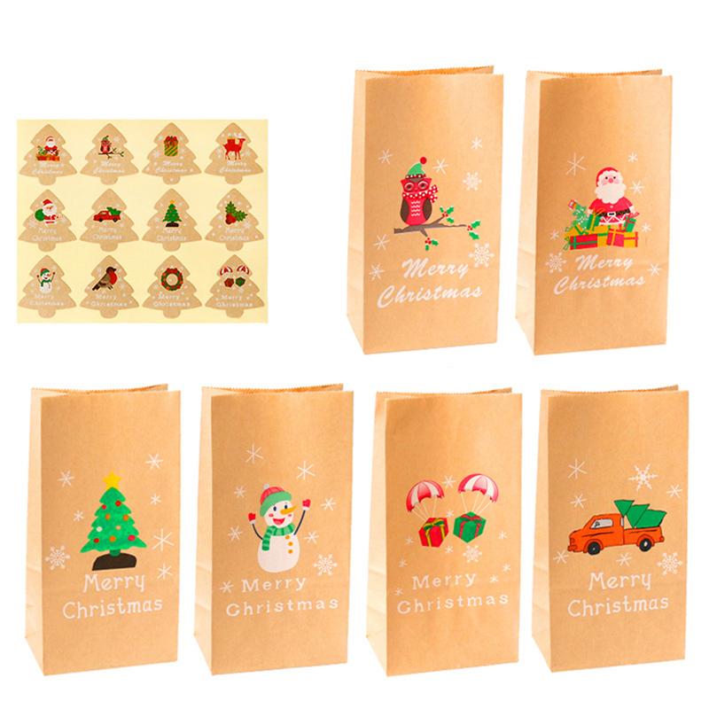 12Set Christmas Gift Bag Kraft Paper Bags Santa Claus Snowman Xmas Party Candy Bag Cookie Xmas Packaging Bag Pouch Wrapping
