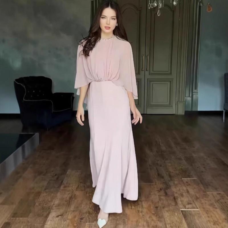 2026 Elegant Long Formal Dress A-Line Slim Fit Patchwork Heavy Craft Round Neck Sleeve Womens Evening Party Gown