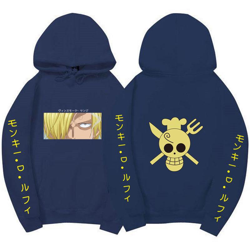 One Piece Sanji Hoodie, Chef Pirate Skull Logo Japanese Letter Sleeve Print Pullover Sweatshirt Unisex Streetwear