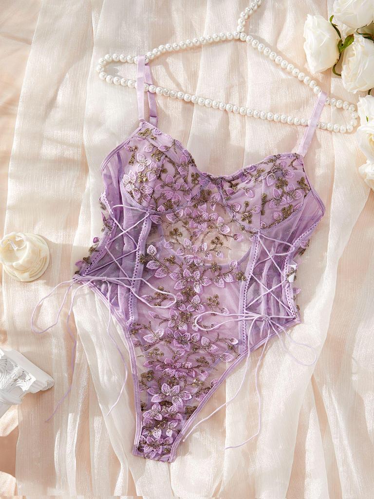 Damers spetsbroderi mesh rygglös body med dragsko i midjan