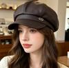Spring and Autumn New Pu Leather Fashion Foreign Style Octagonal Hat Children British Style Plain Face Cap Show Face Little Beret Tide