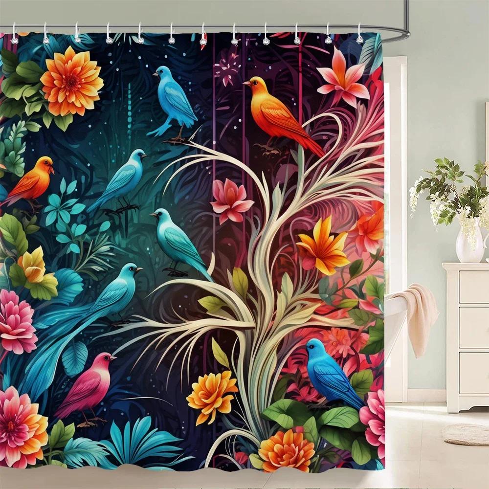 

1PC Watercolor Floral and-bird Printed Shower Curtain with Hooks - Design Chic leaves Flowers Bathroom Curtain Home Decoration W90xH180cm