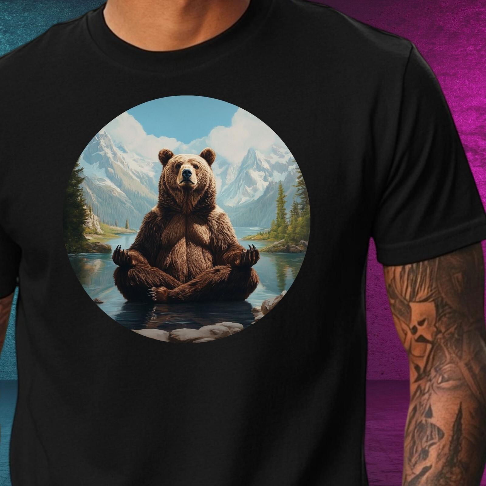 Mens Grizzly Bear Meditated Motif Cotton T-Shirt Size XS to 5XL- XL