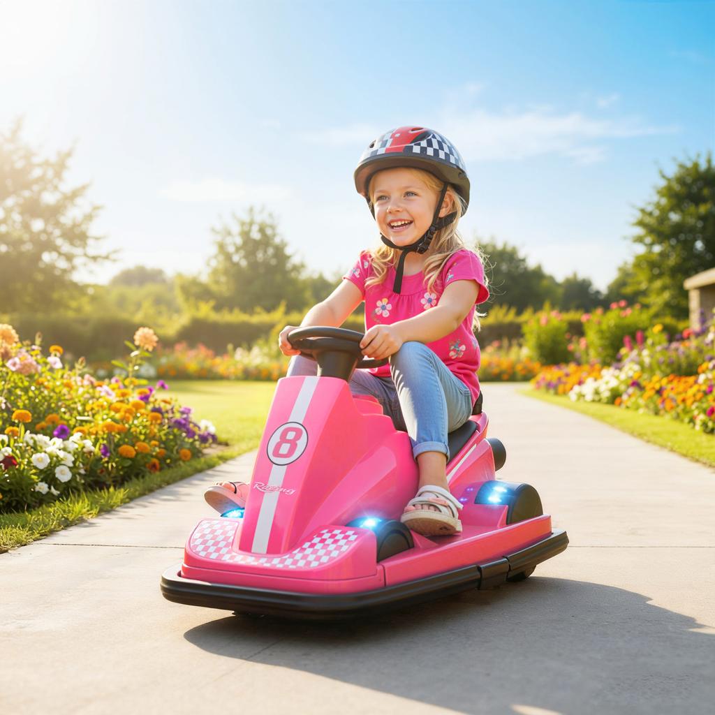Bumper Car for Kids, 360-Degree Rotatable, Steering Wheel, LED Lights, Music Function, 3-8 Years, Pink