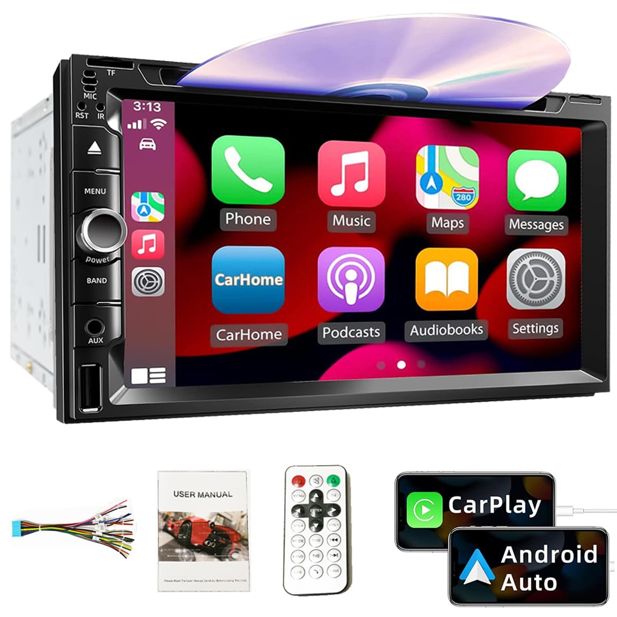 

Автомагнитола CarPlay Android Auto DVD с сенсорным экраном, поддерживающая Mirror Link, AUX, приемник и плеер автомобильного радио, 2-DIN 7-дюймовый Bluetooth, Link, SWC, RDS,