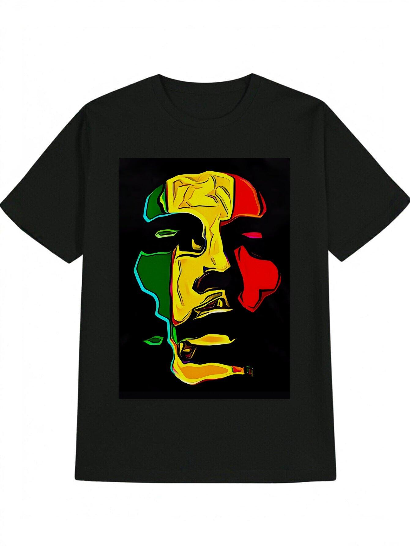Casual Crew Neck T-shirt with Vibrant Abstract Face Print - Black L