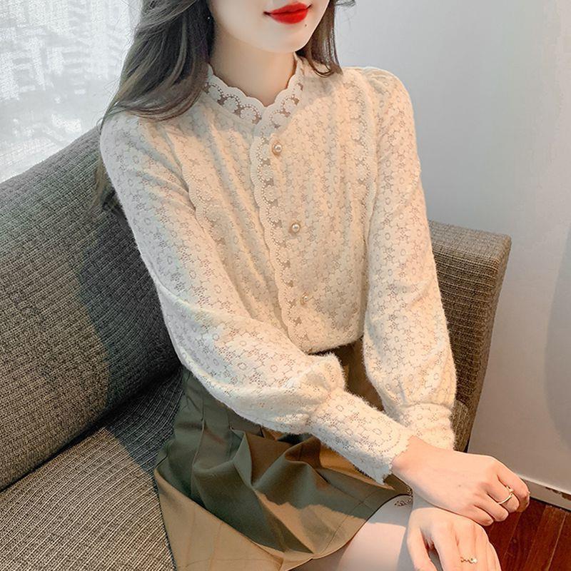 Women's Plush Lace Long-Sleeve Shirt - Stylish and Warm Autumn/Winter 2024 Top