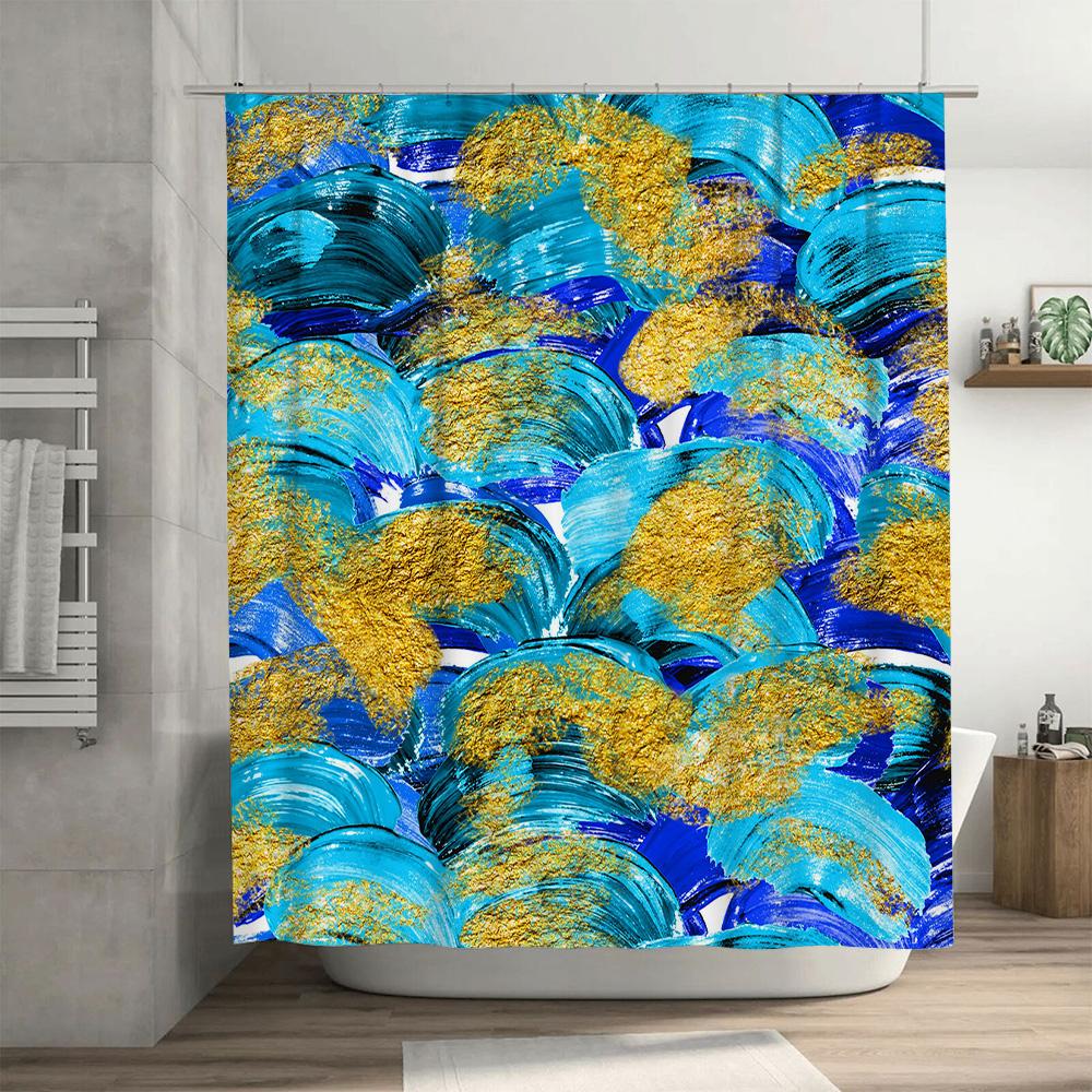 Abstract Watercolor Shower Curtain Blue Gold White Brush Stroke Design Home Decor Bathroom Accessories Waterproof Fabric Shower