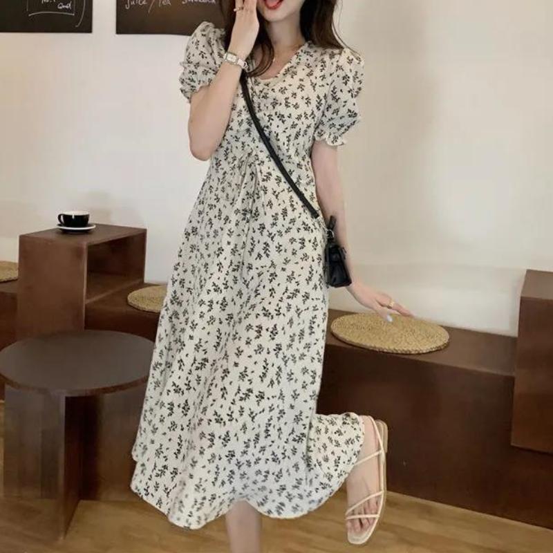 GMXIA Floral Temperament Skirt Small Mid-length Short Sleeve Small Fresh Dress Fairy