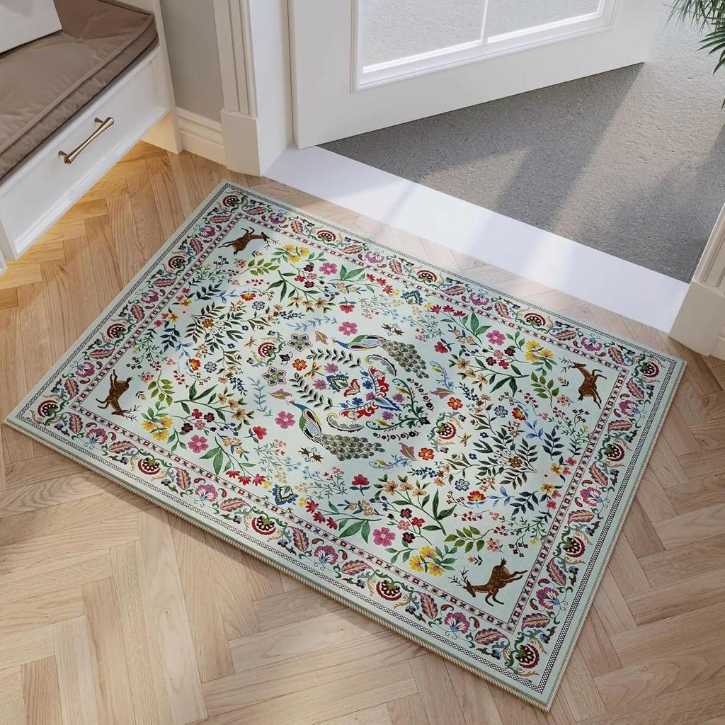 Vikama Machine Washable Area Rug Floral Office Non Slip Small Carpet For Bedroom Bedside Kitchen Entryway Kids Room Office Decor