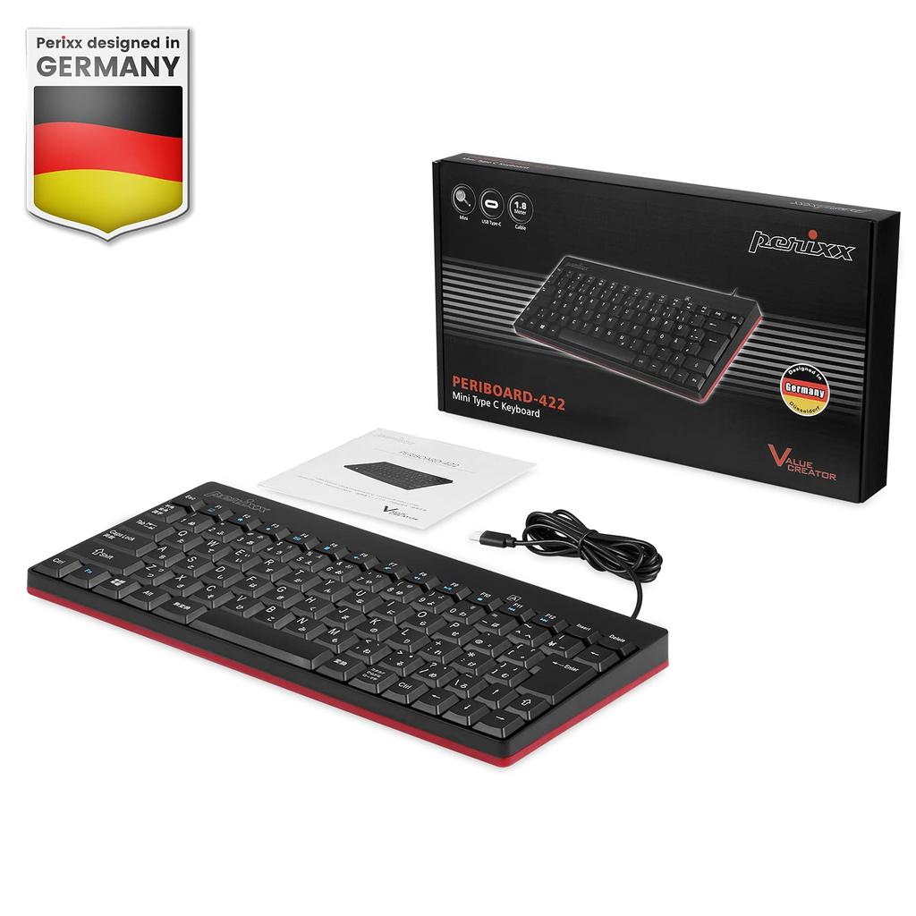 Perixx PERIBOARD-422 Wired USB-C Cable Mini Keyboard with USB-CType-CType-C Connections, Black, Tenkeyless [Official Warranty] (Japanese Layout)