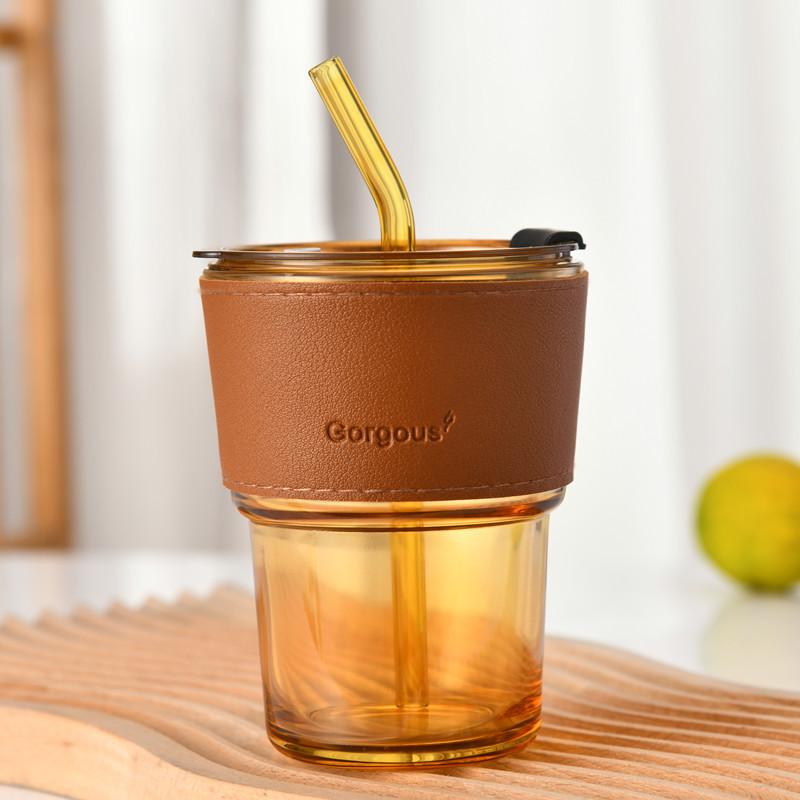450ml Coffee Glasses Heat Resistant Leather Cover Glass Mug Water Cup Tea Wine Drinkware Glasses Tumbler With Lids Straw
