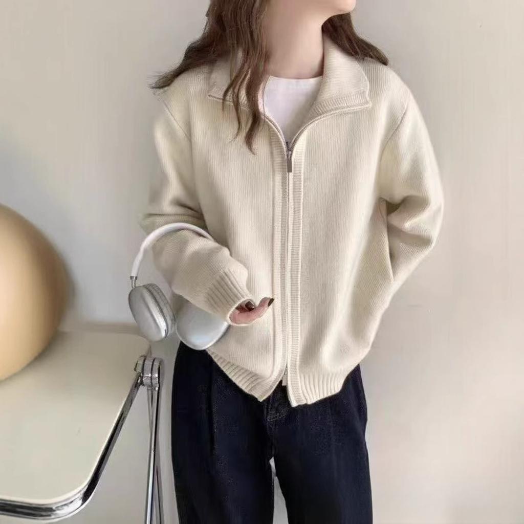 Loose Fit, Sweater, Coat, Women's, Double Zipper, Stand Up Collar, Knit, Cardigan